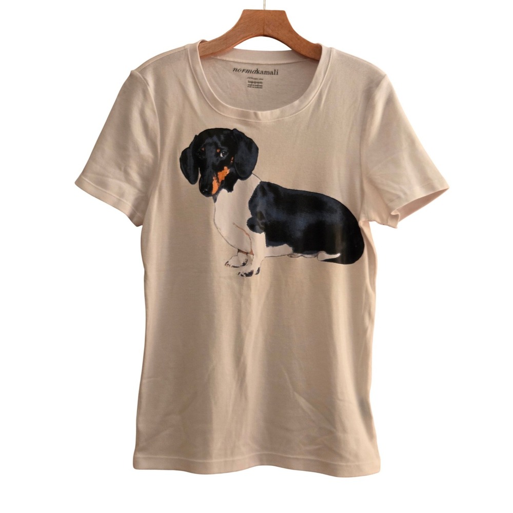 Norma Kamali Cream Organic Cotton Weiner Dog Dachshund Graphic Tee Sz L RARE